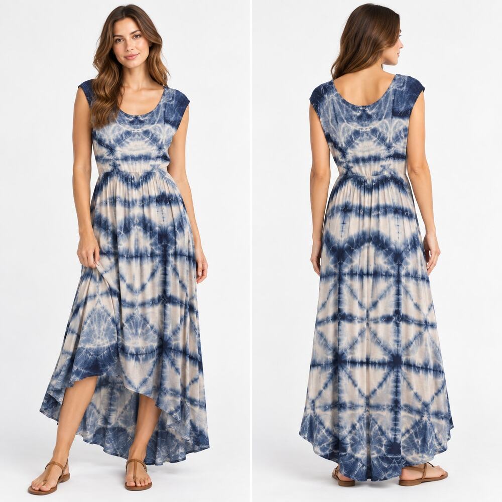 The Odells Skyscape Tie Dye Maxi Dress Womens XS Blue White Rayon Boho High Low